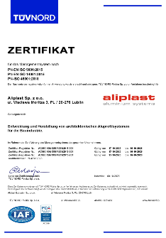Certificate Aliplast ISO 9001; 14001; 45001