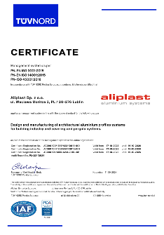 Certyfikat Aliplast Aluminium Systems ISO 9001, 14001, 45001 - EN