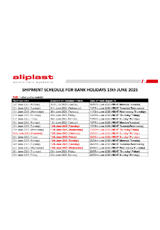 Shipment Schedule for Bank Holidays 19th June 2025